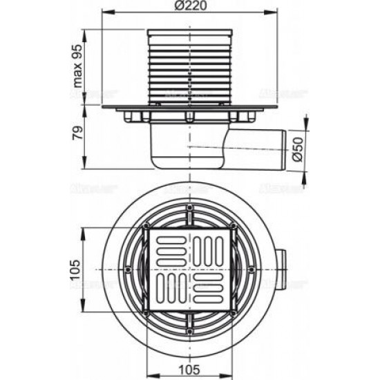 Сливной трап APV101 105 × 105/50, подводка – боковая, решетка – латунь-хром, гидрозатвор