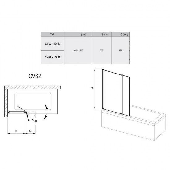 Штора для ванны СVS2-100 R 7QRA0100Z1 белый+стекло ,двухэлементная, транспарент